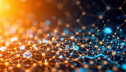 Abstract Network Design with Dots and Lines Illuminated by Orange and Blue Light