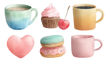 Colorful Watercolor Objects of Cupcake, Drinks, Donuts, and Heart Shapes