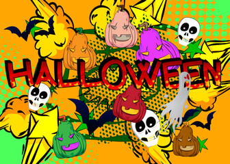 Modern creative pop art vibrant comic book style Halloween poster. Cartoon design Holiday Celebration invitation, poster.