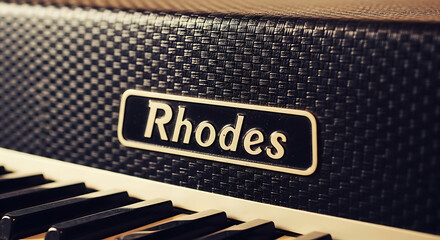 A close up shot of a rhodes electric piano with black keys and a textured black background panel