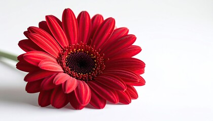 Single Vibrant Red Gerbera Daisy Flower on White Background Studio Shot Macro Photography Subtle Water Droplets Delicate Petals Deep Center Detailed Texture