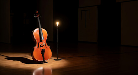 A cello standing on a wooden floor next to a lamp in a dimly lit room with dark background walls