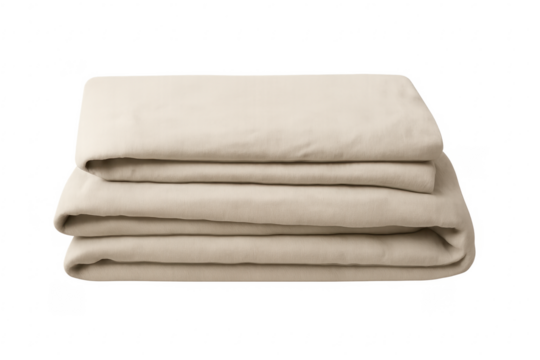 Stacked beige linen sheet set folded laundry - Powered by Adobe