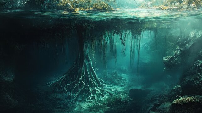 Sunken cenote, freshwater layer meeting saltwater below, halocline effect, roots of trees dangling into the water from above, mystical