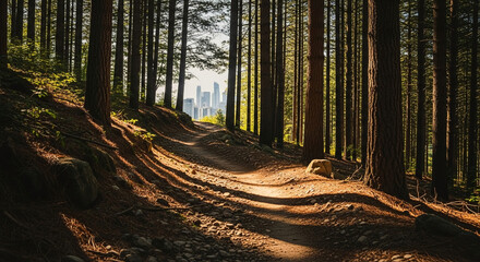 A tranquil dirt path winding through a sunlit pine forest, leading towards the distant modern skyscrapers of a bustling city skyline