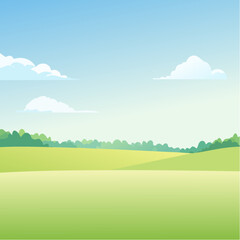 Fototapeta premium A peaceful cartoon landscape featuring rolling green hills, scattered trees, and a bright blue sky dotted with fluffy white clouds.