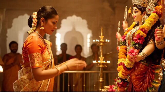 Devotional woman in saree offering prayers to goddess Durga during festival season celebration in temple.