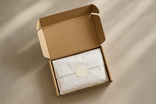 Open box with wrapped package.