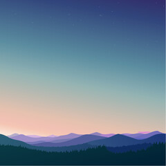 A tranquil illustration of a mountain range at dusk, featuring a gradient sky and silhouetted trees.