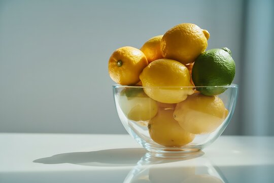 A clear glass bowl filled with ripe yellow lemons and one green lime on a white surface