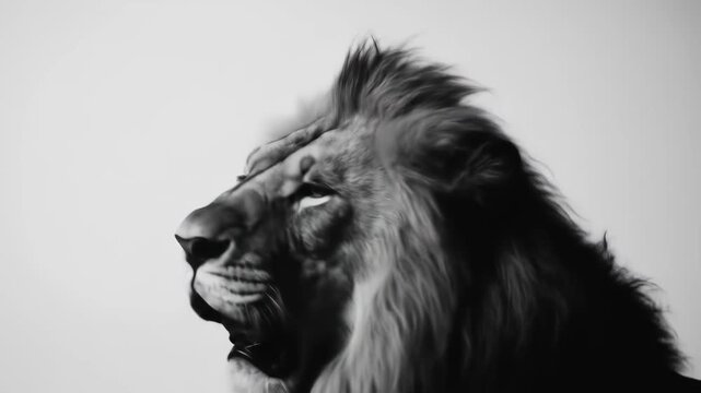 Black and white portrait of a roaring lion, with a white background, perfect for lion day