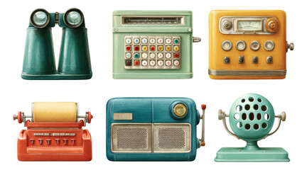 Vintage Collection of Retro Devices with Colorful Design Isolated on Background