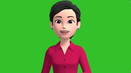 A simple and clean 3D animated female avatar in a red shirt, presented on a green screen background. Perfect for presentations, explainer videos, or corporate animations.
