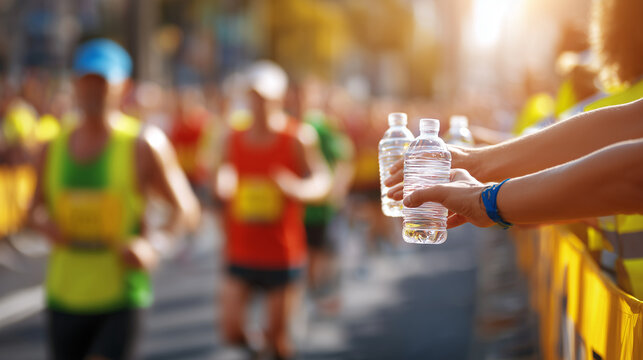 Volunteers offering bottled water to Richmond Marathon runners during warm sunny city race - Powered by Adobe