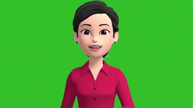 A simple and clean 3D animated female avatar in a red shirt, presented on a green screen background. Perfect for presentations, explainer videos, or corporate animations.