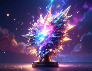 An abstract, radiant, crystalline structure atop a black pedestal