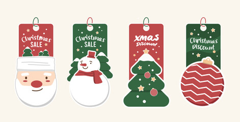 Set of cute Christmas sale and discount gift tags featuring Santa Claus, snowman, tree, and ornament. Vector collection for holiday shopping, price labels, and winter promotions.