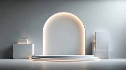 Fashion product display stage with metallic silver gradient wall, glowing side lights, modern geometric shadows, spacious composition with central logo space for branding or promotional content.