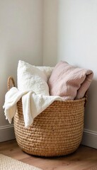 Cozy Rustic Woven Basket Overflowing with Soft Throws & Blankets in a Minimalist Home Interior. Perfect for Storage & Home Decor.