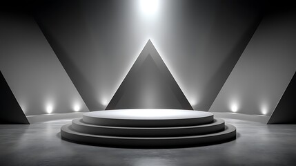 Modern fashion product showcase on metallic silver gradient wall stage with glowing side lights, geometric shadows, spacious layout and central blank space for branding, text or logo placement.