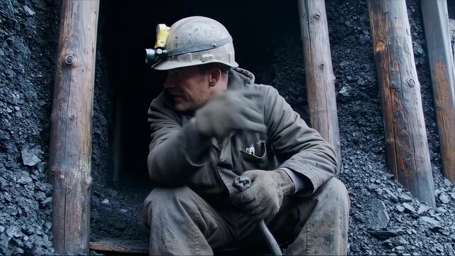 A somber coal miner sits in a dark mine shaft, head in hands