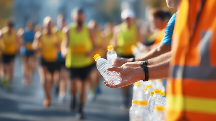 Volunteers Handing Water Bottles to Marathon Runners During Richmond Marathon City Race Event