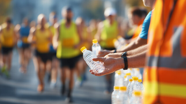 Volunteers Handing Water Bottles to Marathon Runners During Richmond Marathon City Race Event