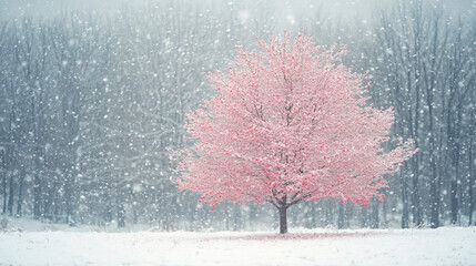 striking pink tree stands vibrantly amidst a snowy landscape, symbolizing hope and beauty in adversity. Perfect for seasonal blogs, art, nature, or inspirational content.
