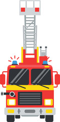 Minimal Flat Vector Illustration of Fire Truck with Ladder, Sirens, and Emergency Lights, Urban Rescue Vehicle in Clean Shapes on White Background.