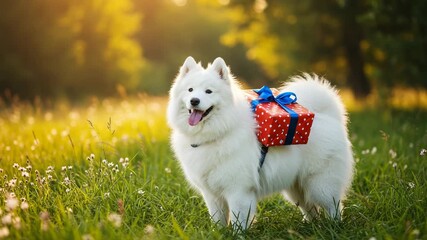 Samoyed dog with a gift box on its back in a sunny field - Powered by Adobe