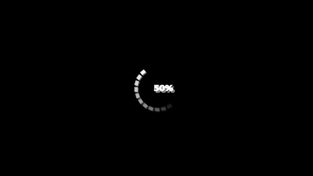 Animation of a spinning loading circle. Waiting for a download with a countdown from zero to one hundred. White circle on a black isolated background.