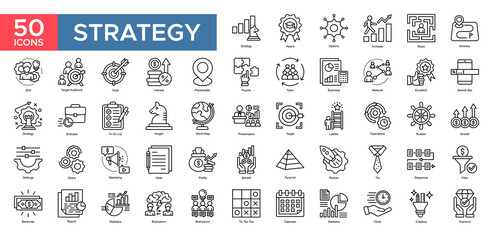 Strategy collection set. Options,Skill,Target Audience,Strategy,Team,Target,Statistics, icon. Simple outline vector illustration