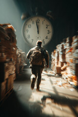 Racing Against Time &ndash; Man Running from Giant Clock Gears in Futuristic Hallway