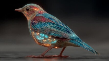 Abstract glowing bird with technological design and colorful illumination