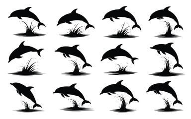 Vector art of silhouette of dolphins jumping out of water