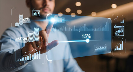 Businessman boosting company profits with interactive data display