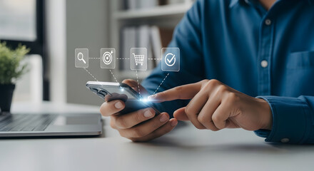 Modern man enjoys online shopping using phone with virtual interface