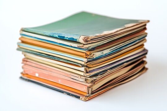 Stack of Old, Worn Colorful Notebooks or Journals on a White Surface Background - Powered by Adobe