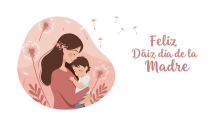 Mother Holding Child Celebrating Mother's Day with Flowers and Soft Pink Colors in Whimsical Illustration