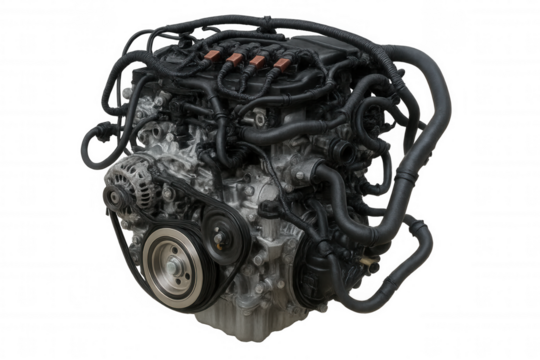 Car engine with complex wiring and mechanical parts, a symbol of automotive power and engineering, transparent background