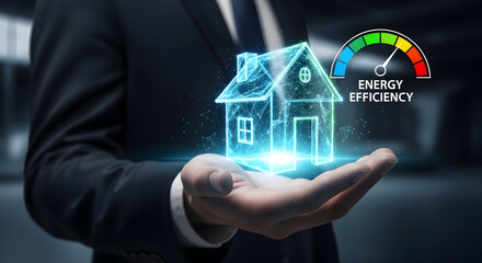Professional holding glowing house, symbolizing energy efficiency and smart homes.