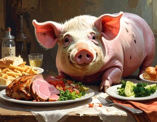 An anthropomorphic pig smiles over a banquet table of prepared foods