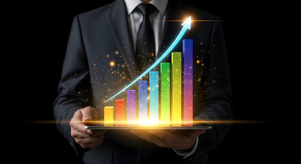Dynamic business growth visualized on tablet with rising arrow and sparkles