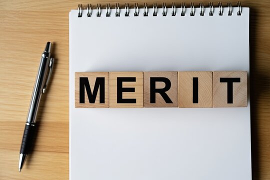 Wooden letter blocks spelling merit on a notebook next to a pen on a table
