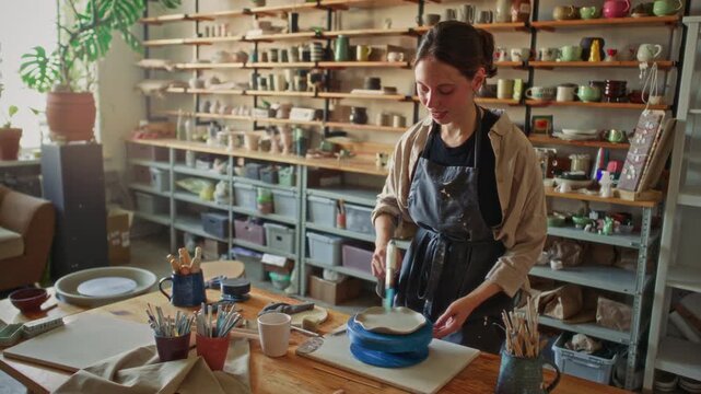 Young smiling woman in apron using handheld blowtorch on ceramic dish while working in pottery studio, shelves filled with handcrafted items and tools in background