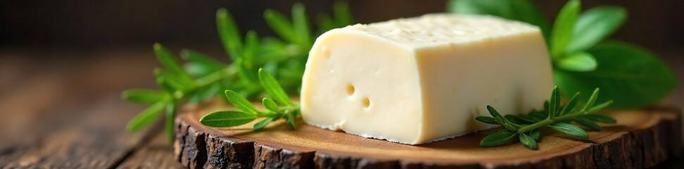 Creamy Goat Cheese Log on Rustic Wooden Board, Surrounded by Fresh Thyme and Rosemary, Glistening Surface Hints at Tangy Flavor, Perfect for Appetizers or Charcuterie Boards.