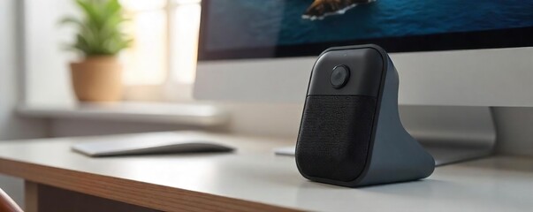 Sleek Modern Speaker with Built-in Camera on Minimalist Desk Ready for Video Conference or Recording