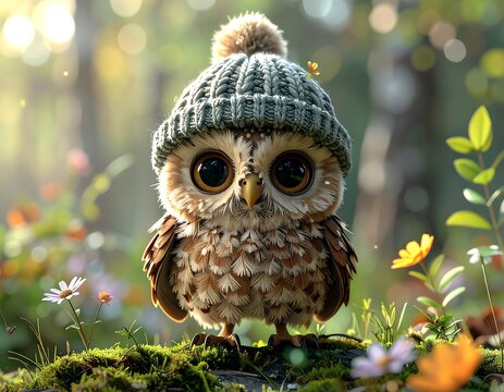 Adorable owlet wearing a beanie in a vibrant forest setting