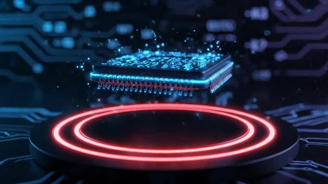 A microchip floats above a glowing platform, with circuit board detail and light particles