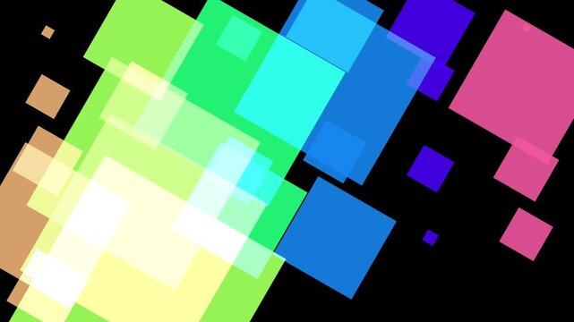 Abstract composition of overlapping translucent squares in a rainbow gradient on a black background